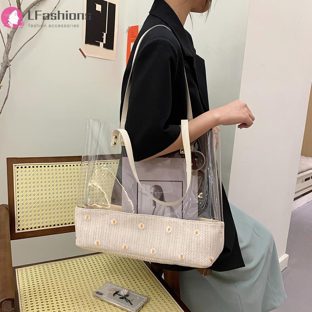 Fashion Women Woven Patchwork Daisy Shoulder Bag Summer Clear Tote Handbags