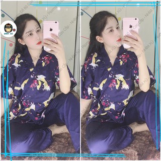 Đồ Bộ Ngủ Pijama Kimono Mặc Nhà Áo Tay Ngắn Quần Dài Vải Satin Cao Cấp Đào Hạc