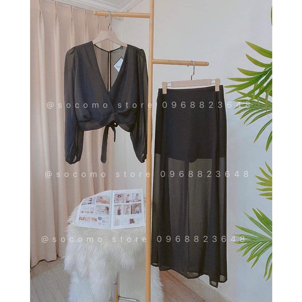 Sét áo xẻ sau cổ v tay dài kèm chân váy xẻ tà dáng dài