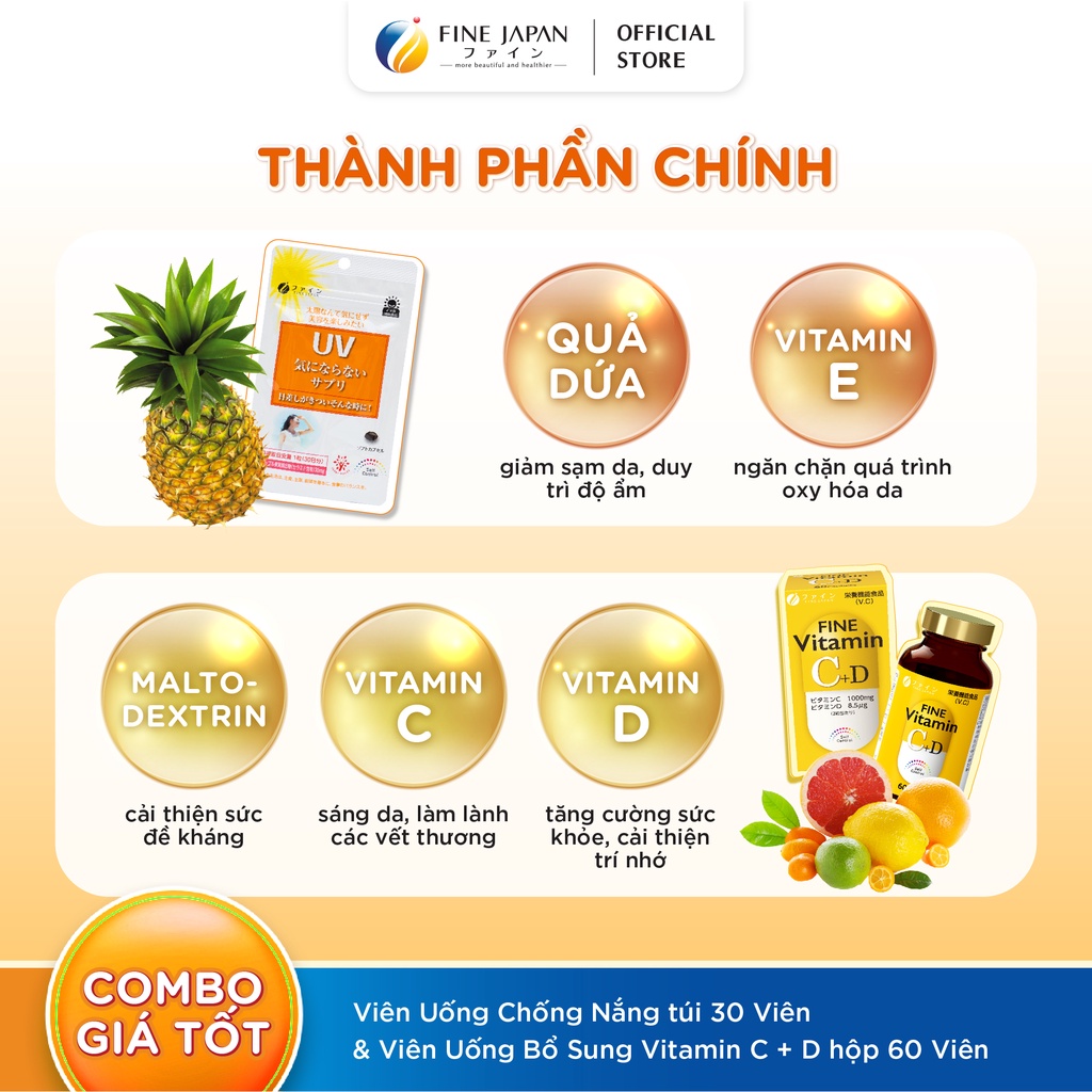 Combo Chống nắng sáng da FINE JAPAN - Viên uống chống nắng & Viên uống bổ sung Vitamin C + D 30 ngày