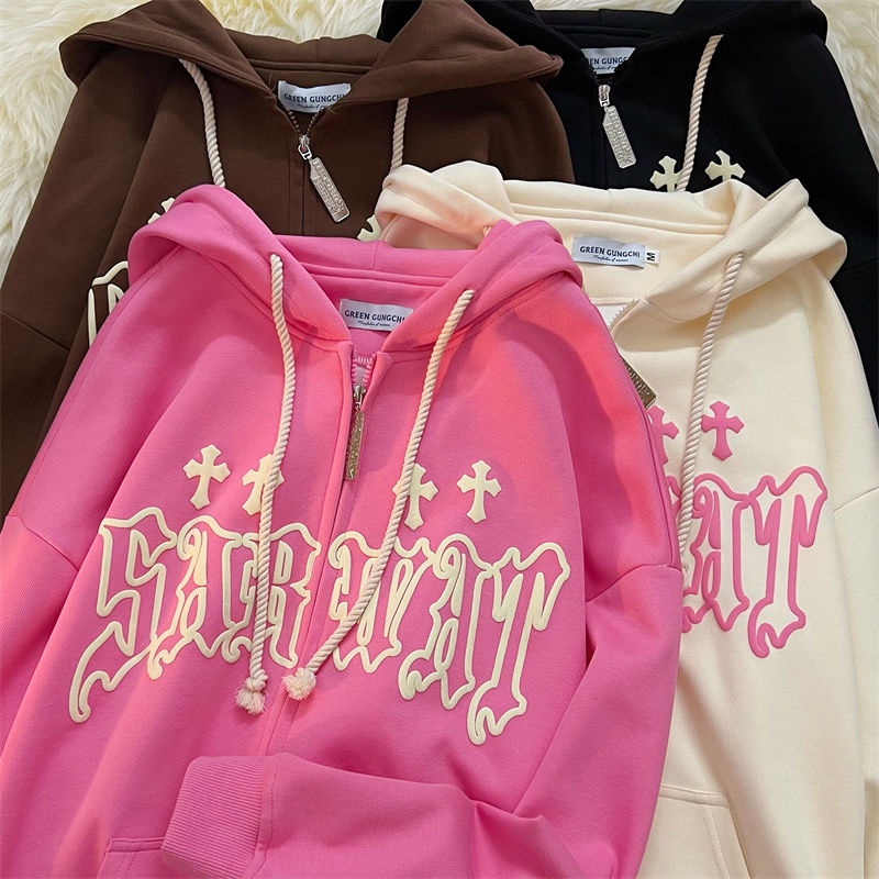 Jiashucheng Áo Khoác Sweater Có Mũ Trùm In Chữ Xốp Kiểu Đường Phố Mỹ Thời Trang Xuân Thu Cho Cặp Đôi