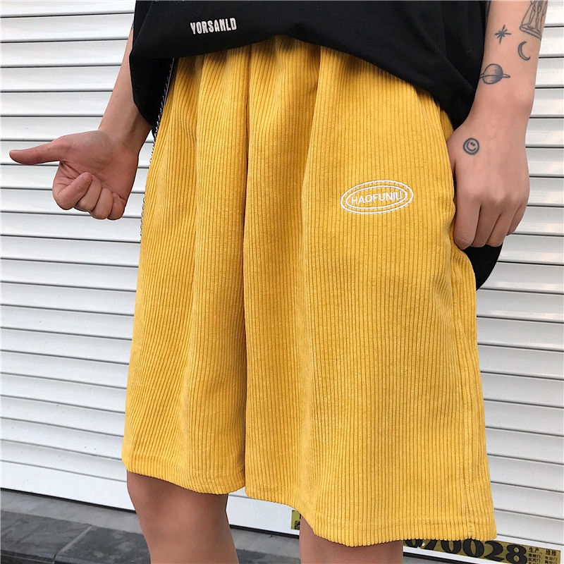 Quần Short Vải Nhung Kẻ Ống Suông Rộng Thời Trang Unisex