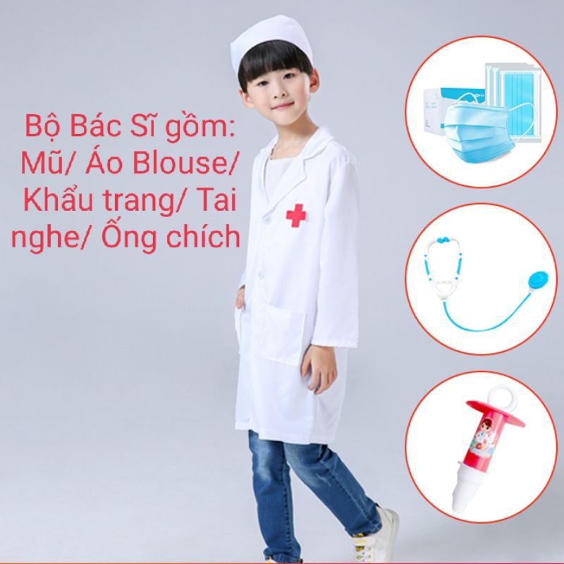 (Có Sẵn) Bộ Đồ Hoá Trang Bác Sĩ, Y Tá Cực Dễ Thương Cho Trẻ Em Kèm Phụ Kiện