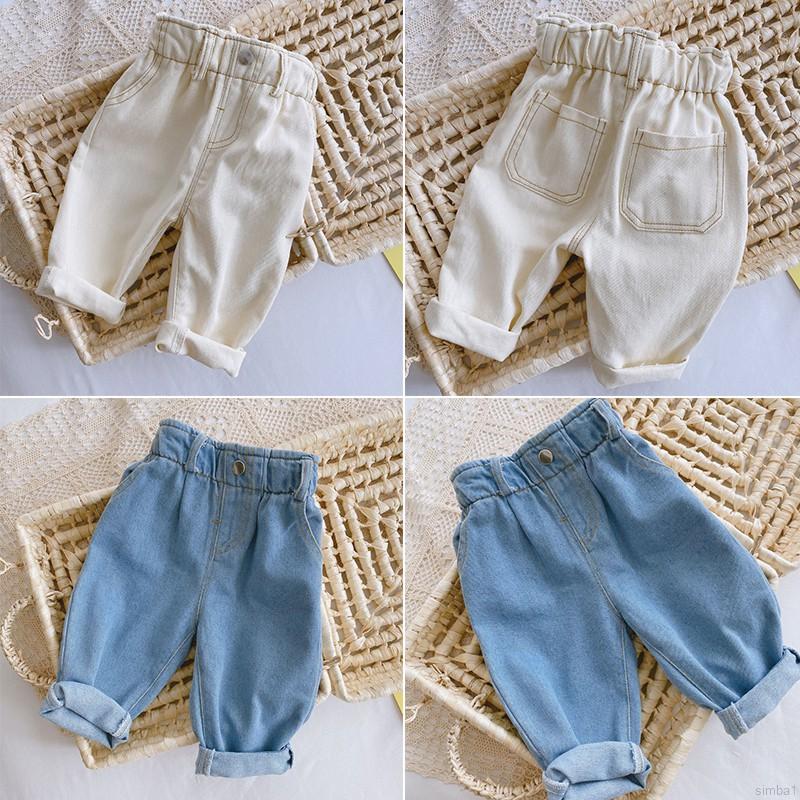 Quần Jean Dài Lưng Cao 110cm Chất Liệu Mềm Mại Màu Trơn Phong Cách Hàn Quốc Xinh Xắn Cho Bé