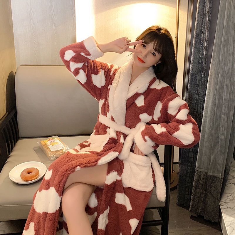 [J & N] Áo Choàng Ngủ Dài Bằng Vải Lông Cừu San Hô Dày Dặn Dễ Thương Thời Trang Mùa Đông Cho Nữ Vào Mùa Đông 2021 Nightg