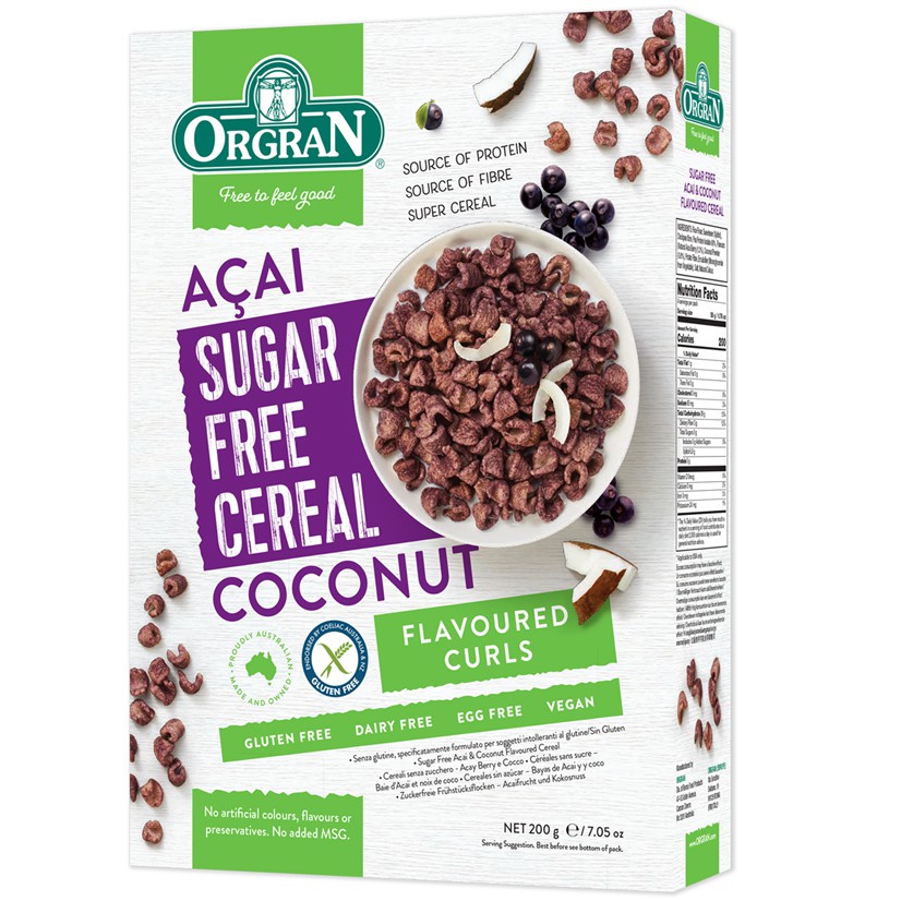 Ngũ Cốc Ăn Sáng Không Đường Vị Acai &amp; Dừa Orgran - GLUTEN FREE &amp; SUGAR FREE Acai &amp; Coconut Flavoured Cereal - Hộp 200g