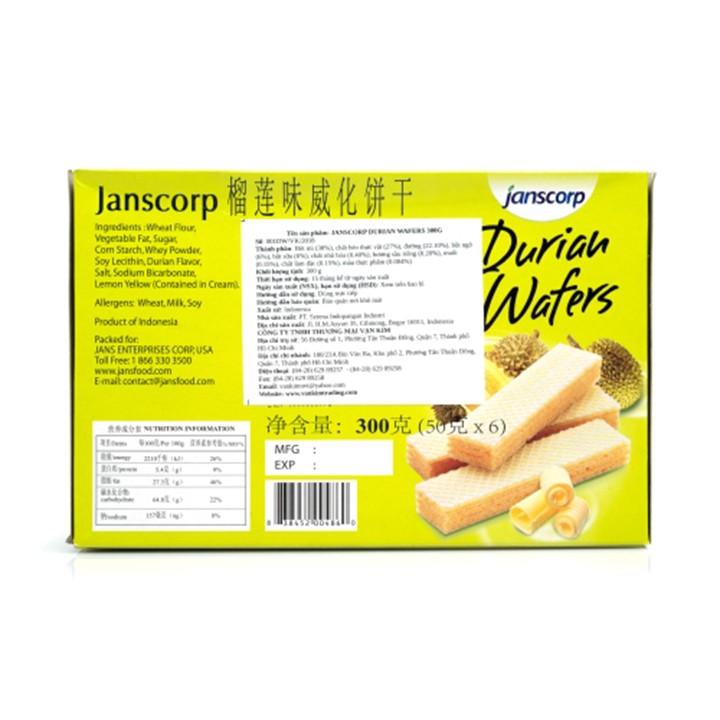 Bánh xốp Janscorp Durian Wafers Sầu Riêng 300g - Hàng phân phối độc quyền