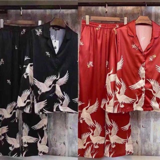 Đồ Bộ Satin Lụa Con Hạc Tay Dài Quần Dài