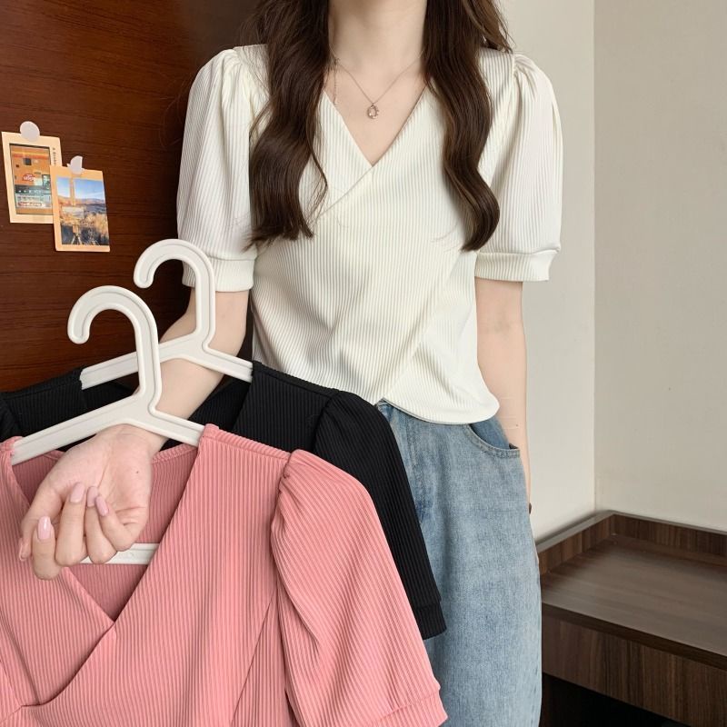 Áo Sơ Mi Ngắn Tay Cổ Chữ V Thiết Kế Đắp Chéo Thời Trang Mùa Hè Mới Cho Nữ