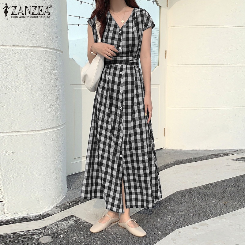 Đầm maxi Zanzea ngắn tay cổ chữ V họa tiết ca rô phong cách Hàn Quốc thời trang cho nữ