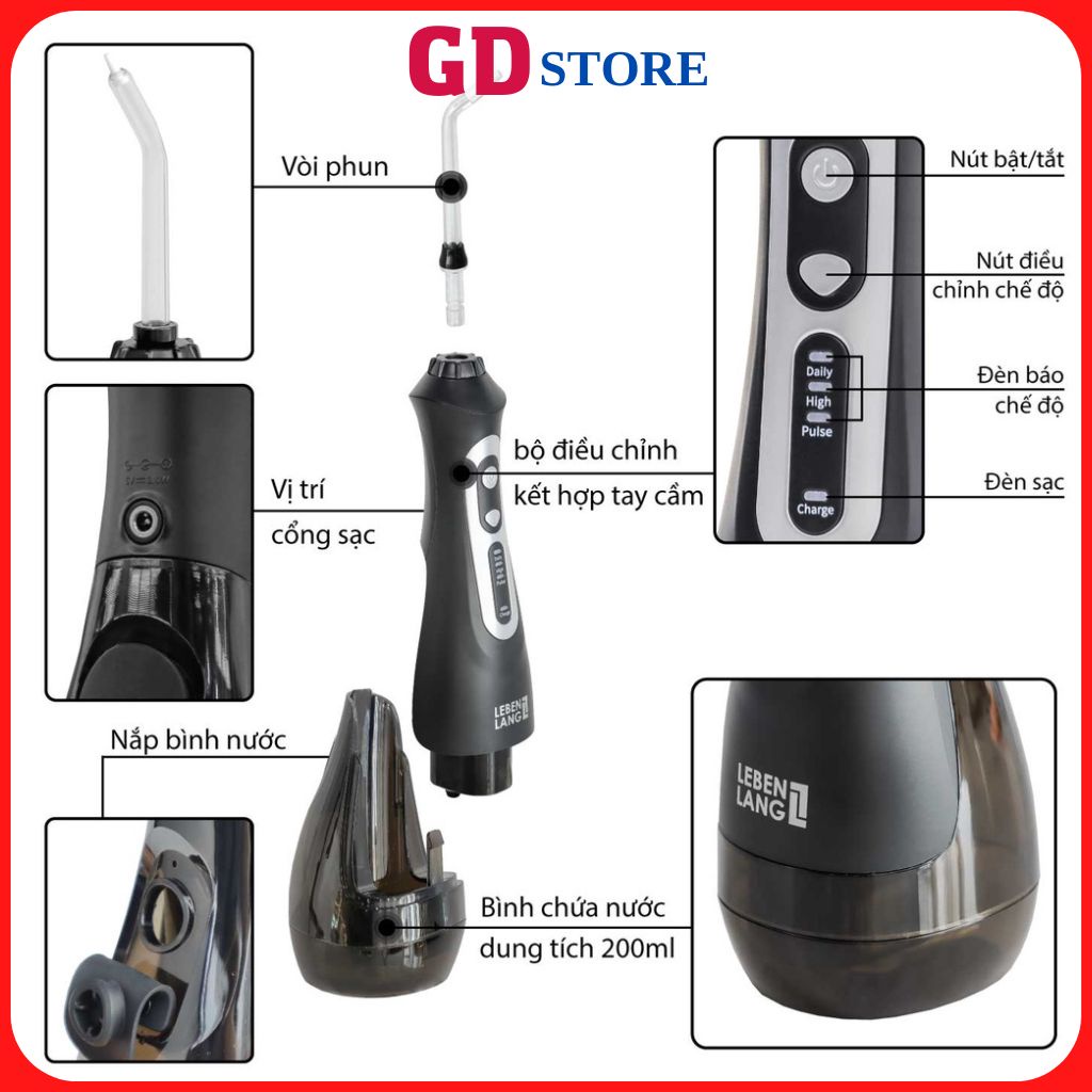 Máy tăm nước cầm tay,tăm nước mini LEBENLANG LBT1486S 3 chế độ 5 đầu tăm tặng kèm túi vải bảo hành 24 tháng