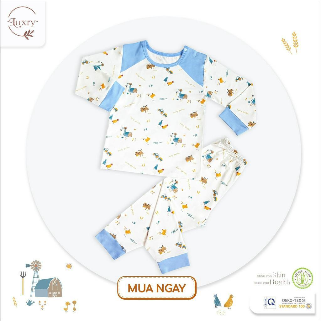 Bộ quần áo dài cài vai phối họa tiết đáng yêu sang trọng thương hiệu Luxry cho bé trai, bé gái từ vải sợi tre cao cấp