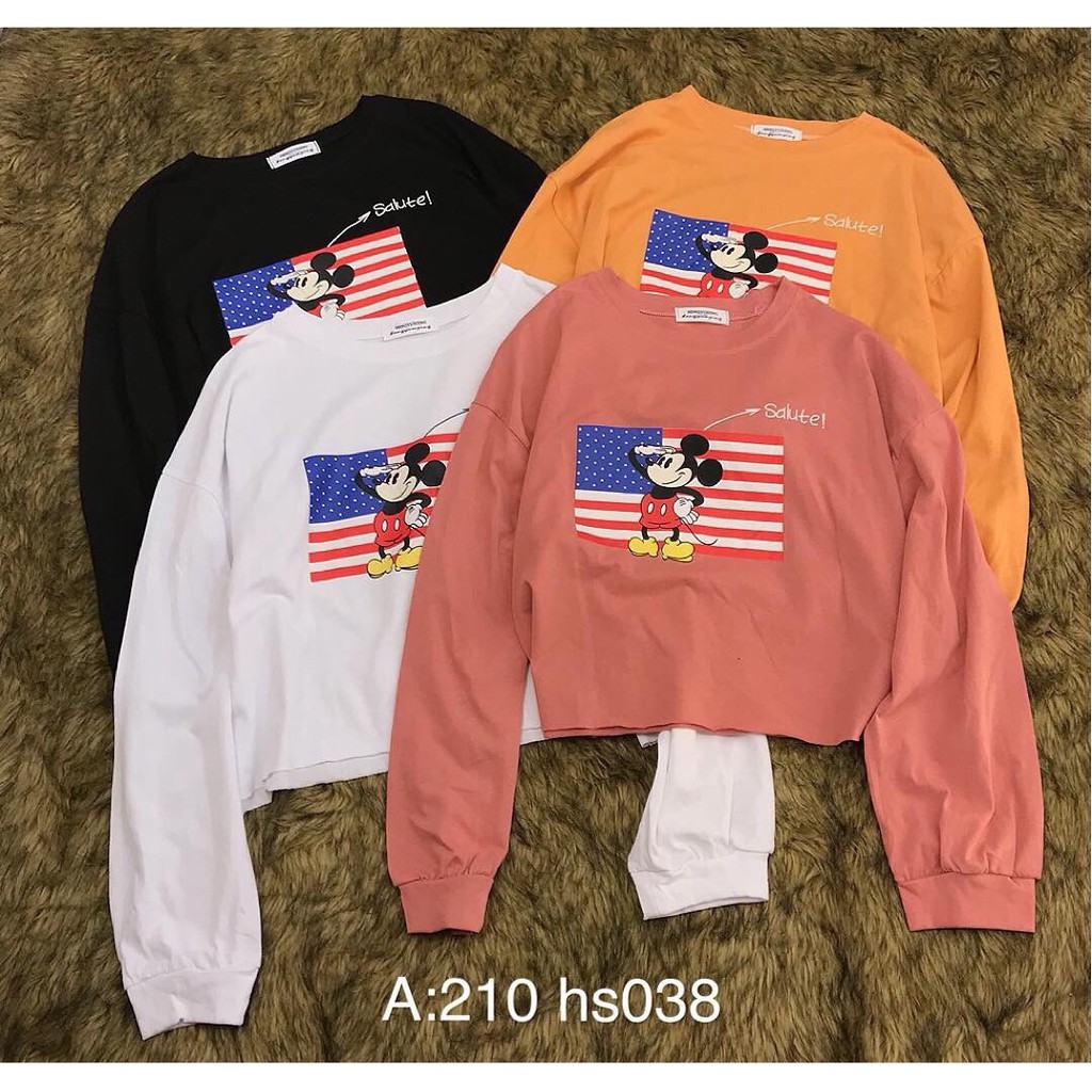Áo Thun Tay Dài Form Lững Không Đạp In Hình Mickey Trên Nền Cờ Mỹ Mẫu Mới TTSL0125