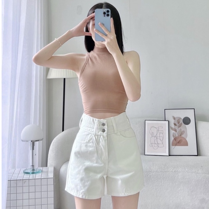 Quần đùi kaki nữ lưng cao, quần short kaki hai nút xinh xắn