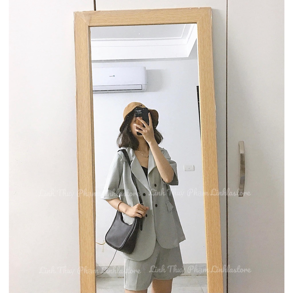 Set áo vest xanh xám kèm quần short đùi phong cách công sở Hàn Quốc trẻ trung lịch sự