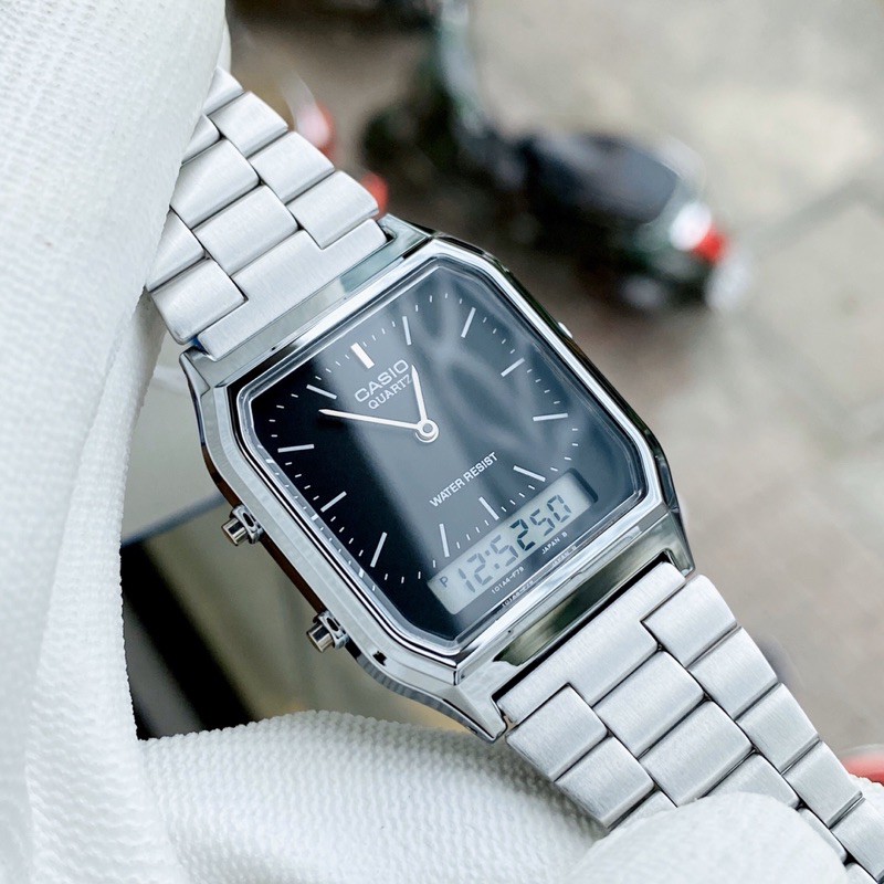 Đồng hồ kim điện tử nam nữ Casio AQ 230 silver mặt đen