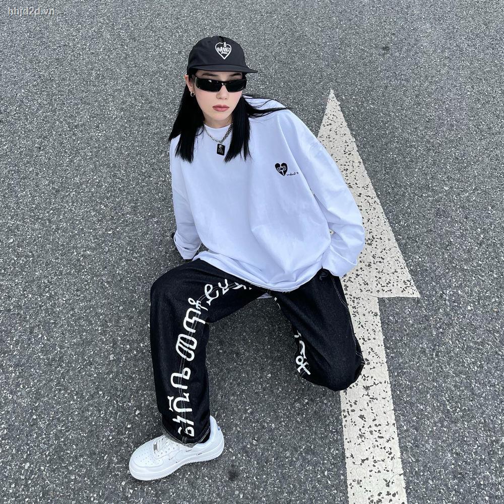 Quần jeans ống suông rộng in họa tiết chữ thời trang hip hop đường phố sành điệu dành cho nữ