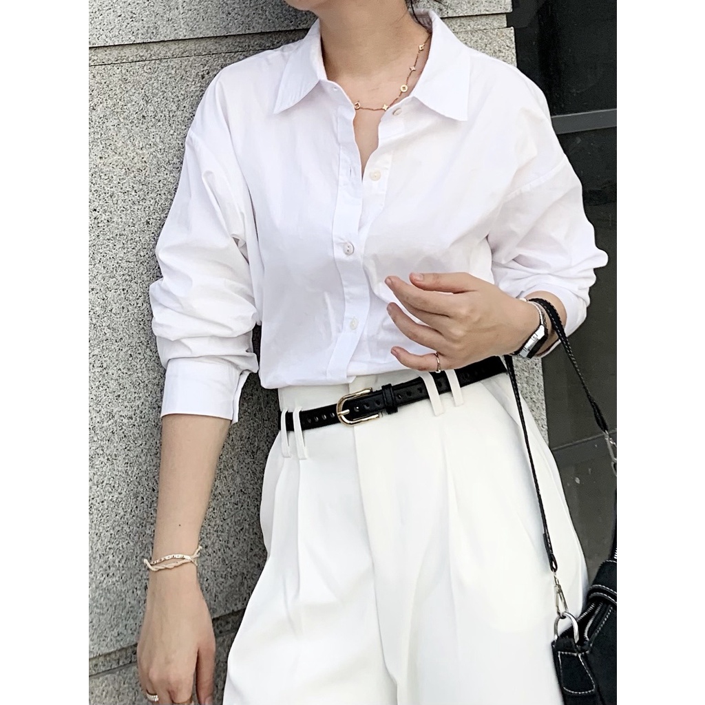 Áo Sơmi basic chất cotton thô tay dài freesize phong cách Hàn