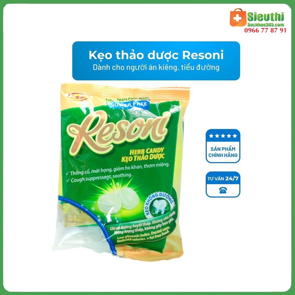 Kẹo Thảo Dược Resoni Không Đường Dành Cho Người Tiểu Đường Ăn Kiêng hộp 46g Siêu Thị Sức Khoẻ 365