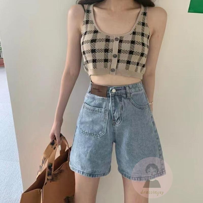 Áo Tank Top Không Tay Hở Lưng Dệt Kim Họa Tiết Sọc Caro Phong Cách Vintage Cho Nữ