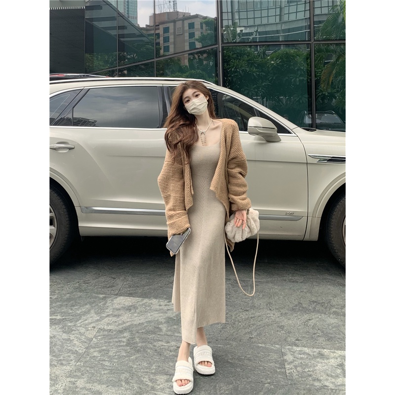 Áo Khoác cardigan Dệt Kim Màu Cà Phê + Đầm Sát Nách Dệt Kim Thiết Kế Mới Thời Trang Dành Cho Mùa Thu