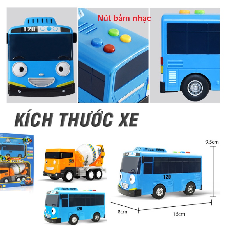 Bộ xe buýt Tayo The little bus gồm 2 xe Tayo và xe trộn bê tông Chris có âm thanh và đèn