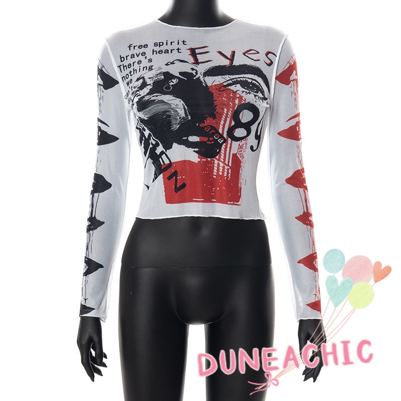 DUNEA Áo thun tay dài phối lưới in họa tiết cá tính thời trang cho nữ