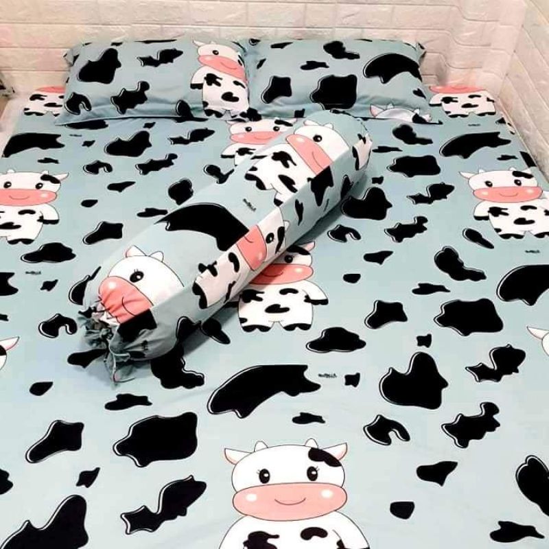 BỘ DRAP THUN HÀN QUỐC BÒ SỮA CUTE [ 4 MÓN : 1 TRẢI GIƯỜNG,  2 VỎ GỐI NẰM, 1 VỎ GỐI ÔM ].