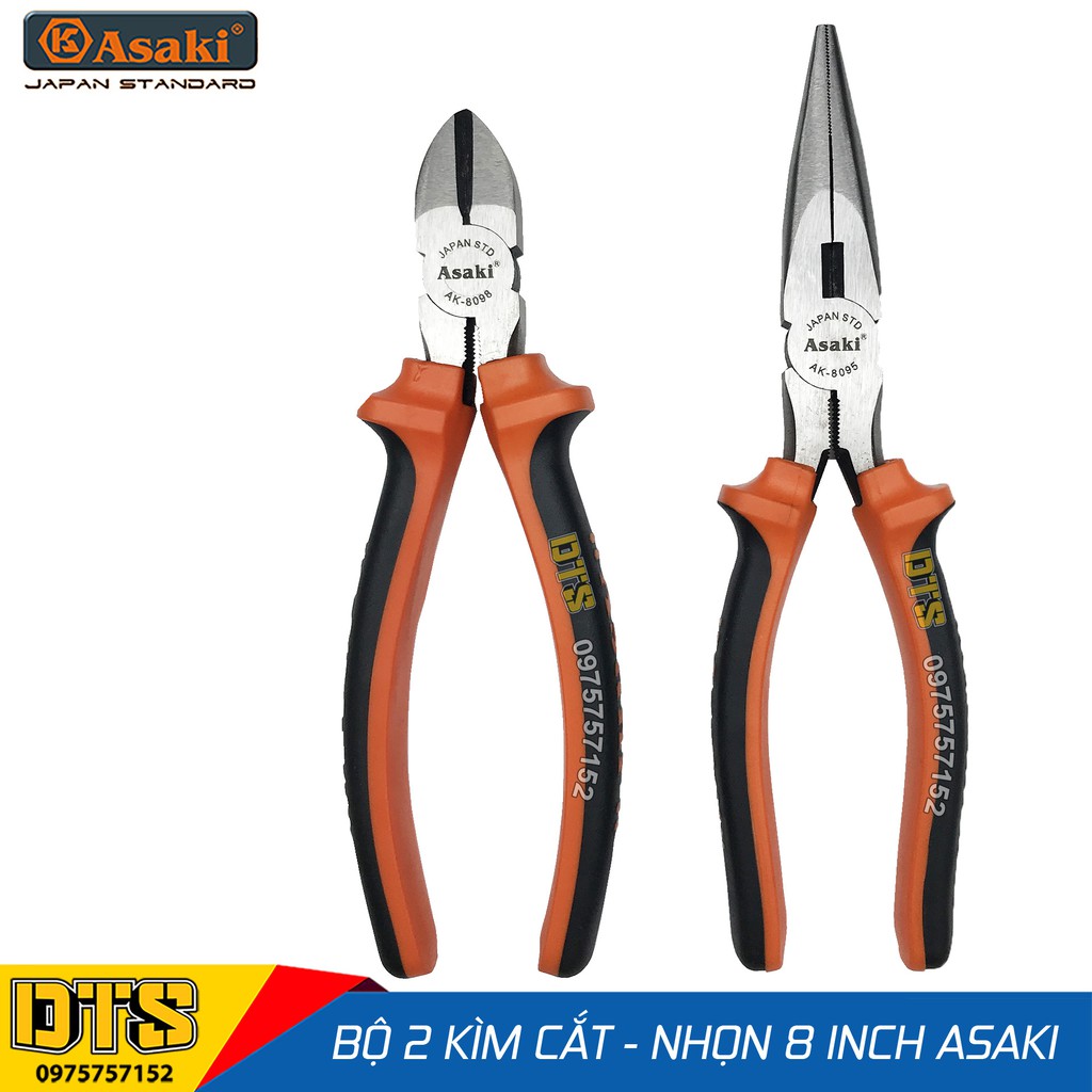 Bộ 2 kìm cắt - kìm nhọn kiểu Mỹ Asaki A+cut Tech 8 inch/ 200mm, thép High Carbon độ cứng cao