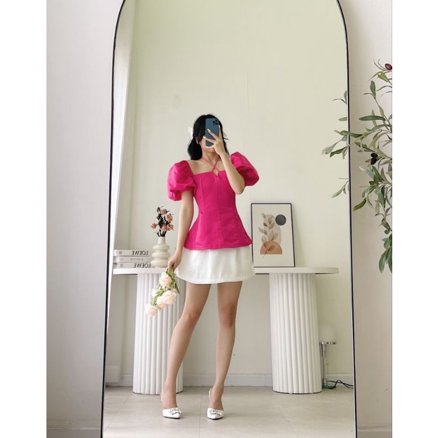 MIUMIU ROSE Sơ Mi Taffta Cổ Vuông Gấu Xòe Sang Trọng
