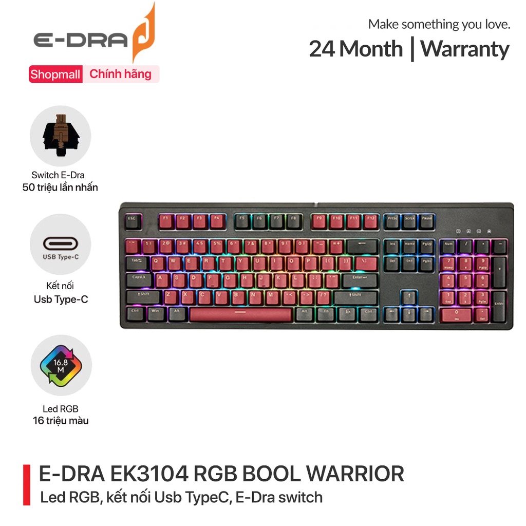 Bàn phím cơ chơi game có dây E-DRA EK3104 RGB Dark Warrior - Bản 2022 - Led RGB - E-Dra Switch - Cáp TypeC