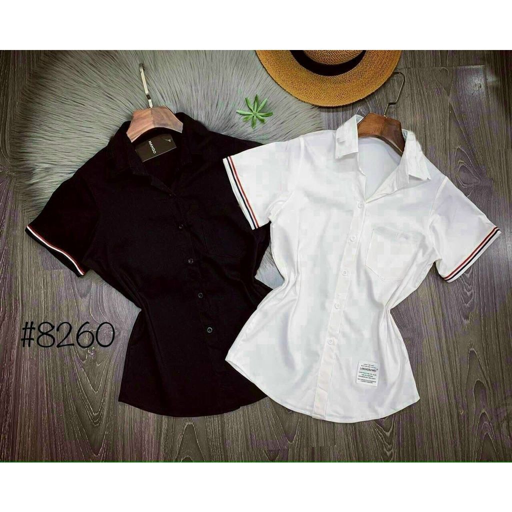 Áo sơ mi nữ tay ngắn sọc cổ bẻ phối túi nhỏ xinh 48