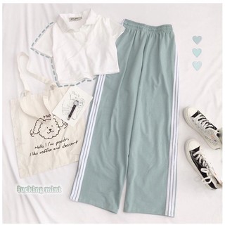 ☀️Set Quần Suông Xanh 3 Sọc + Crop Petter Trắng