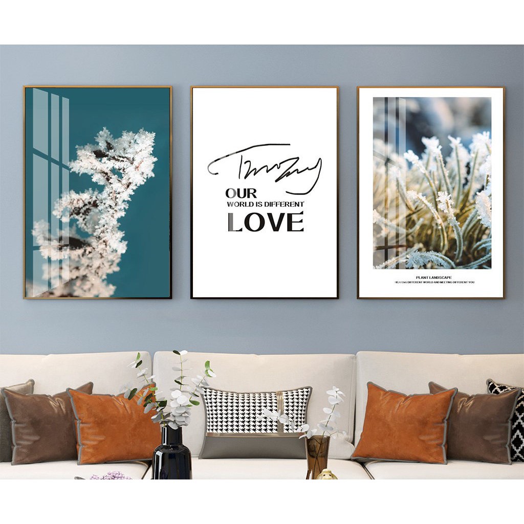 Set Bộ 3 Tranh Treo Tường Canvas Hoa Cây Lá Đóng Băng Tuyết Trắng Màu Xanh Cổ Vịt Trắng Quote Love Động Lực -MELYHOME