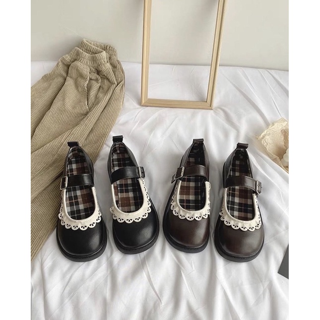 Giày búp bê có quai viền ren lót caro vintage Mary Jane Yannie Lolita