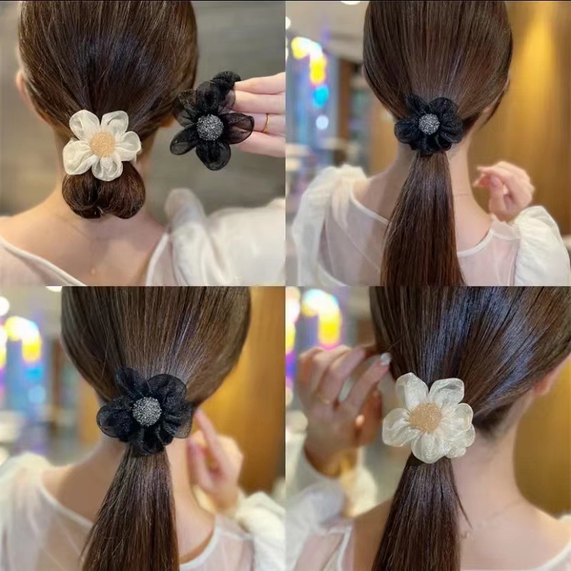 Dây Buộc Tóc Cao Su Co Giãn Phối Lưới In Họa Tiết Hoa Hướng Dương Xinh Xắn Thời Trang Cho Nữ