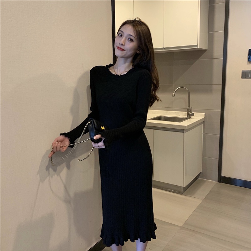 Đầm dài dệt kim lưng cao dáng ôm phong cách Pháp thời trang sang trọng cho nữ