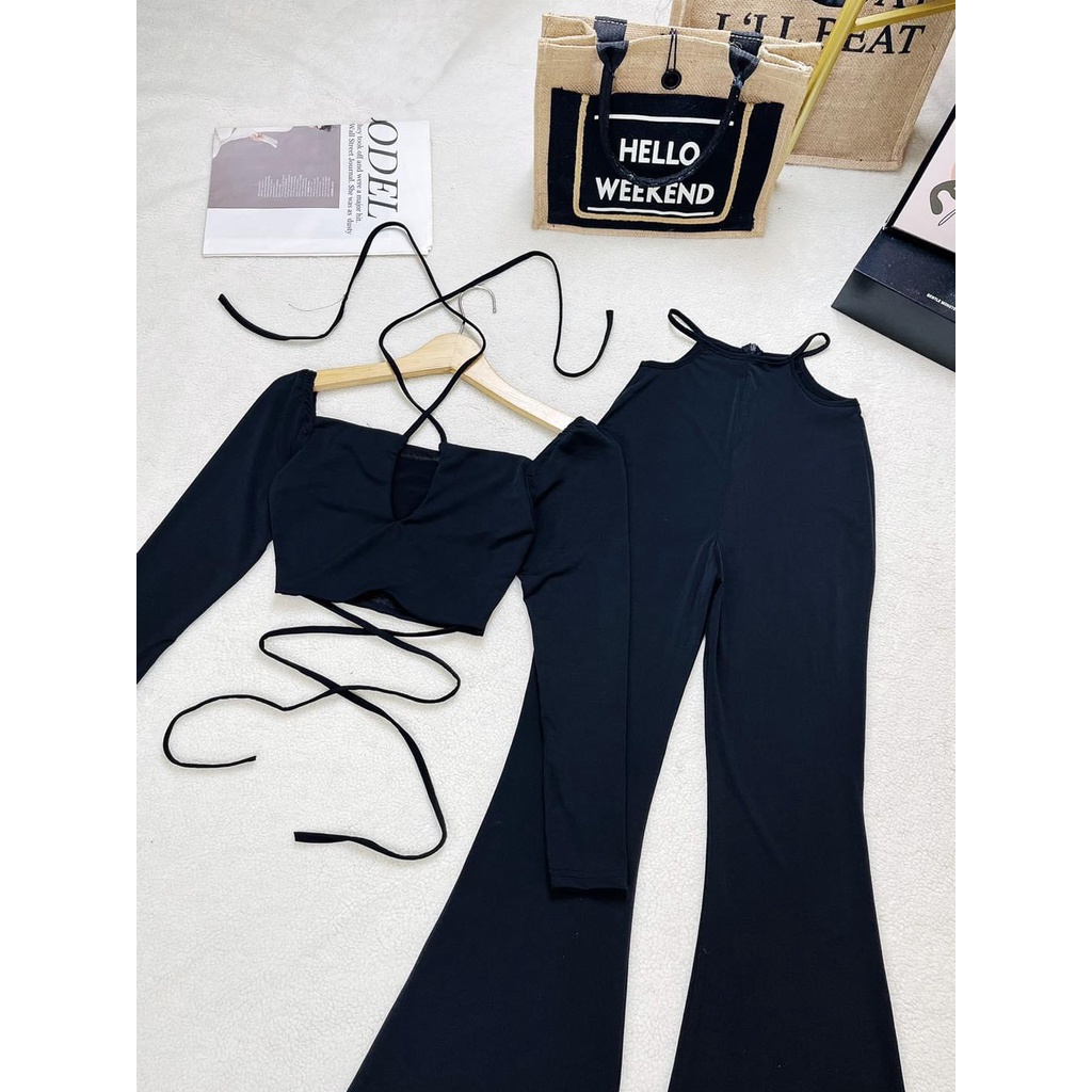 SÉT ÁO ĐAN DÂY CỔ YẾM + QUẦN ỐNG LOE MÀU ĐEN SIÊU SANG CHẢNH SEXY M020