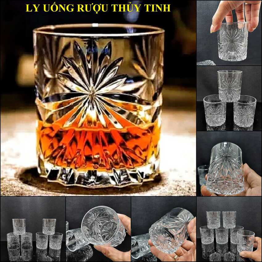 Bộ Ly Rượu Thủy Tinh 215ML (bộ 6 cái) Trụ Tròn hoa văn Lá cao cấp – Bộ Ly Uống Rượu Đẹp –Ly Thủy Tinh Uống Rượu (G6)
