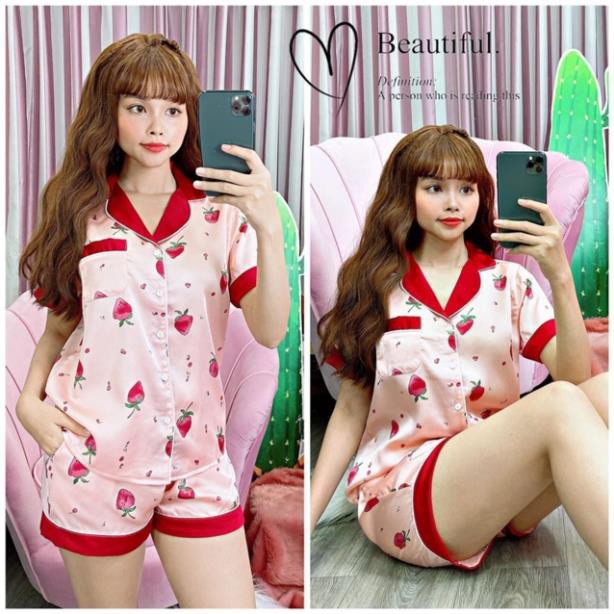 Đồ Bộ Pijama Satin Tay Ngắn Quần Đùi Họa Tiết Dễ Thương Dưới 60KG P1