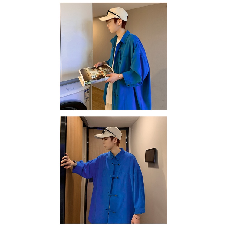 Giảm Giá Áo Sơ Mi Nam Cài Nút Tay Áo Ba Lỗ Dáng Rộng Màu Xanh Dương Phong Cách Hồng Kông Nhật Bản Thời Trang Mùa Xuân Hè