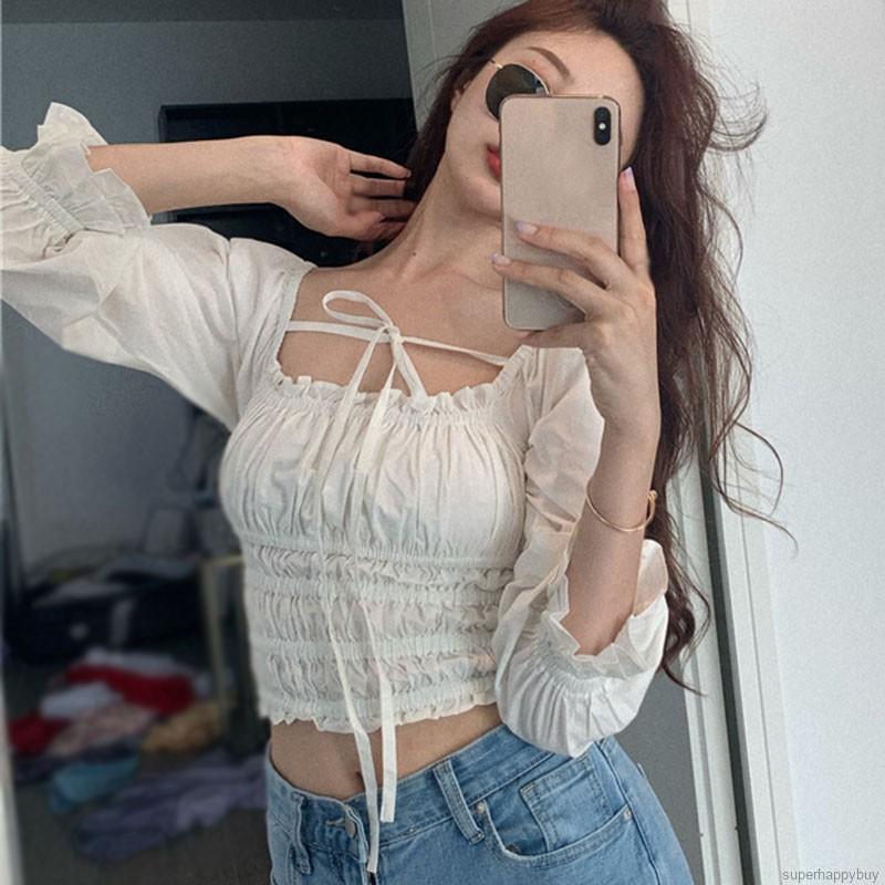 Áo Croptop Tay Dài Cổ Vuông Kiểu Dáng Trẻ Trung Quyến Rũ Dành Cho Nữ | BigBuy360 - bigbuy360.vn
