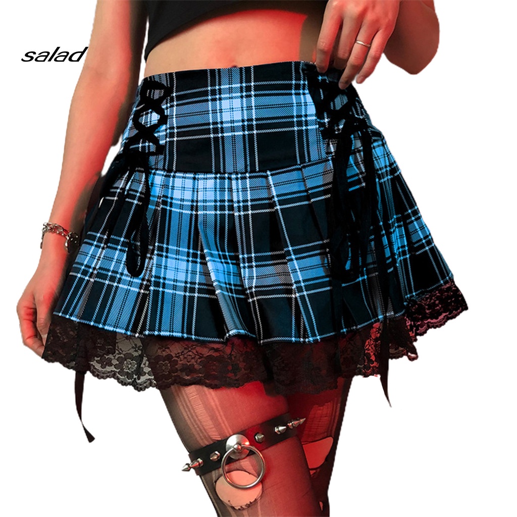 Chân Váy Ngắn Xếp Ly Kẻ Sọc Caro Phối Dây Thắt Cho Nữ