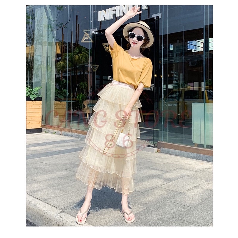 Chân váy xếp tầng 2 lớp - Chân váy dài midi bánh bèo lưng cao nhiều màu (Hàng Quảng Châu)