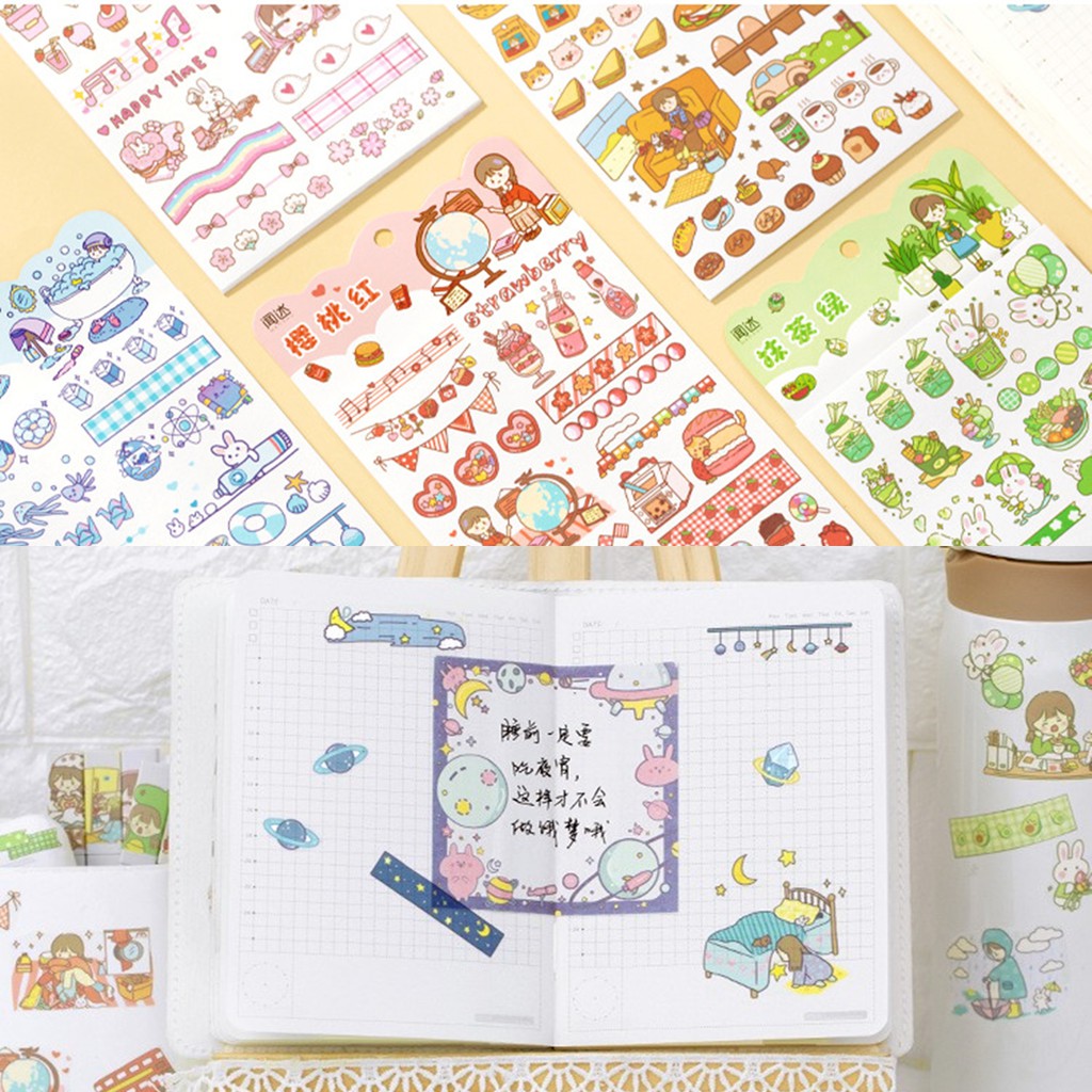 Set 4 tấm sticker mẫu cô bé đáng yêu màu sắc rực rỡ