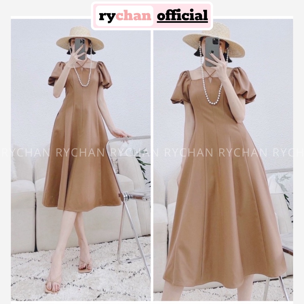 Đầm Nữ Dự Tiệc Cổ Vuông Tay Ngắn Phồng Dây Cổ Cực Khí Chất, Đầm Dài Xòe Kem Đậm - DX9772