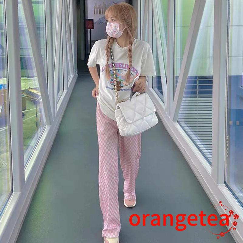 Quần dài nữ ống rộng họa tiết caro thời trang cá tính