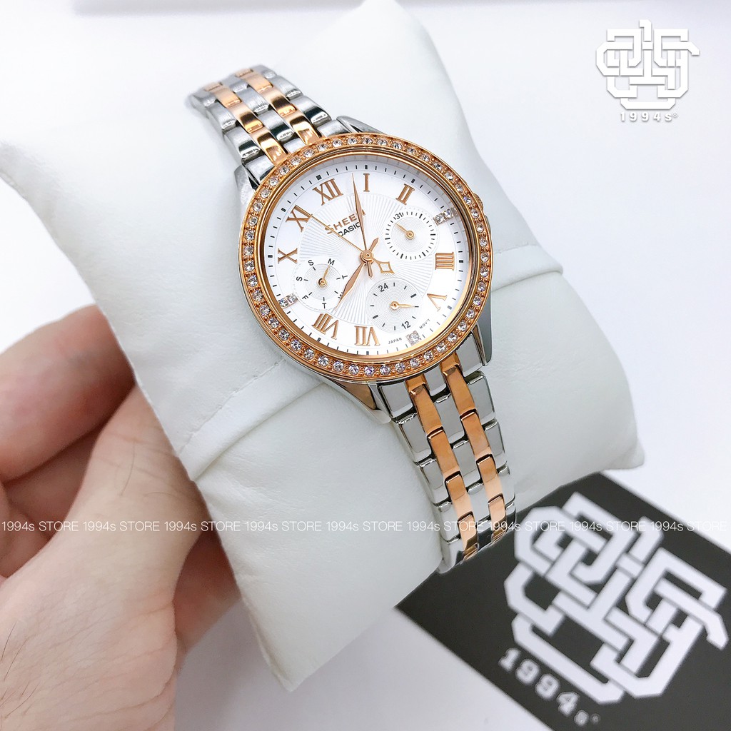 Đồng hồ nữ Casio Sheen SHE-3062 / SHE-3062SPG-7A đính đá pha lê Swarovski, chống nước 50m, size 33mm, hàng chính hãng