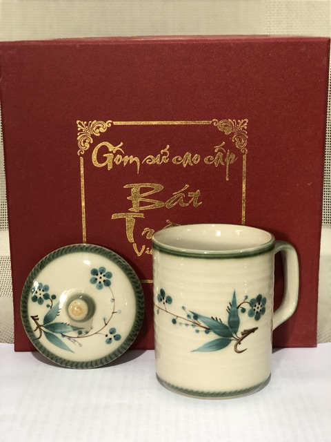 Cốc quai C dáng trụ men xanh gốm Bát Tràng