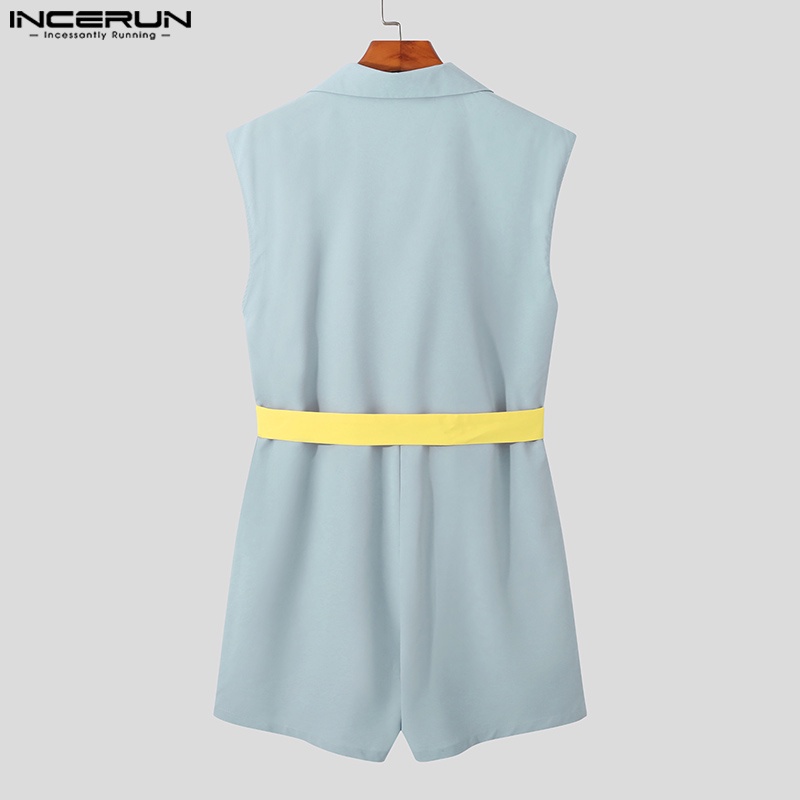INCERUN Bộ Áo Liền Quần Cổ Bẻ Không Tay Phối Thắt Lưng Thời Trang Mùa Hè Cho Nam